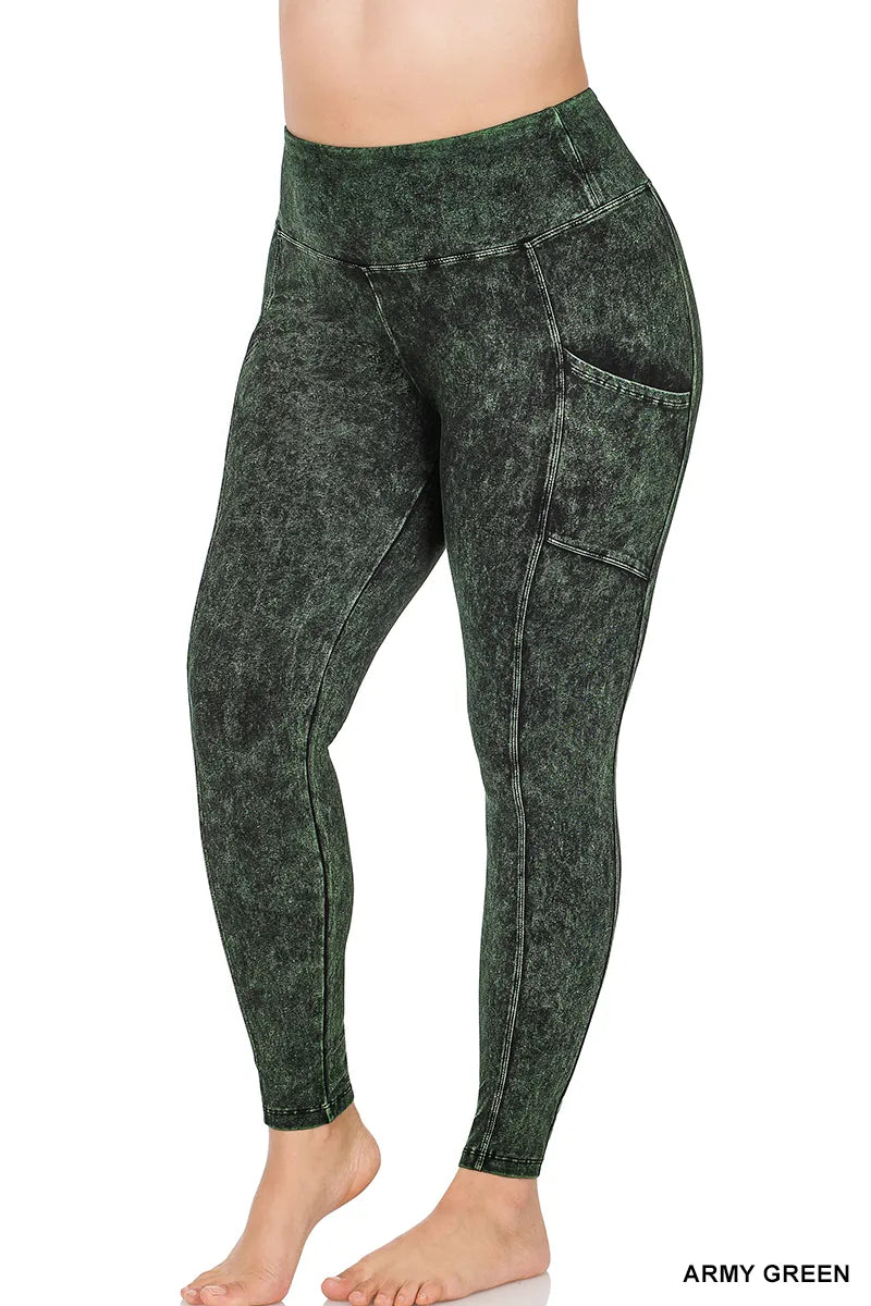Zenana Mineral Washed Yoga Leggings w/Pockets- PLUS