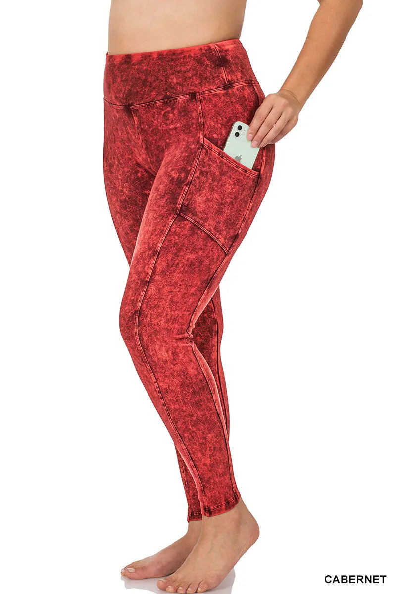 Zenana Mineral Washed Yoga Leggings w/Pockets- PLUS
