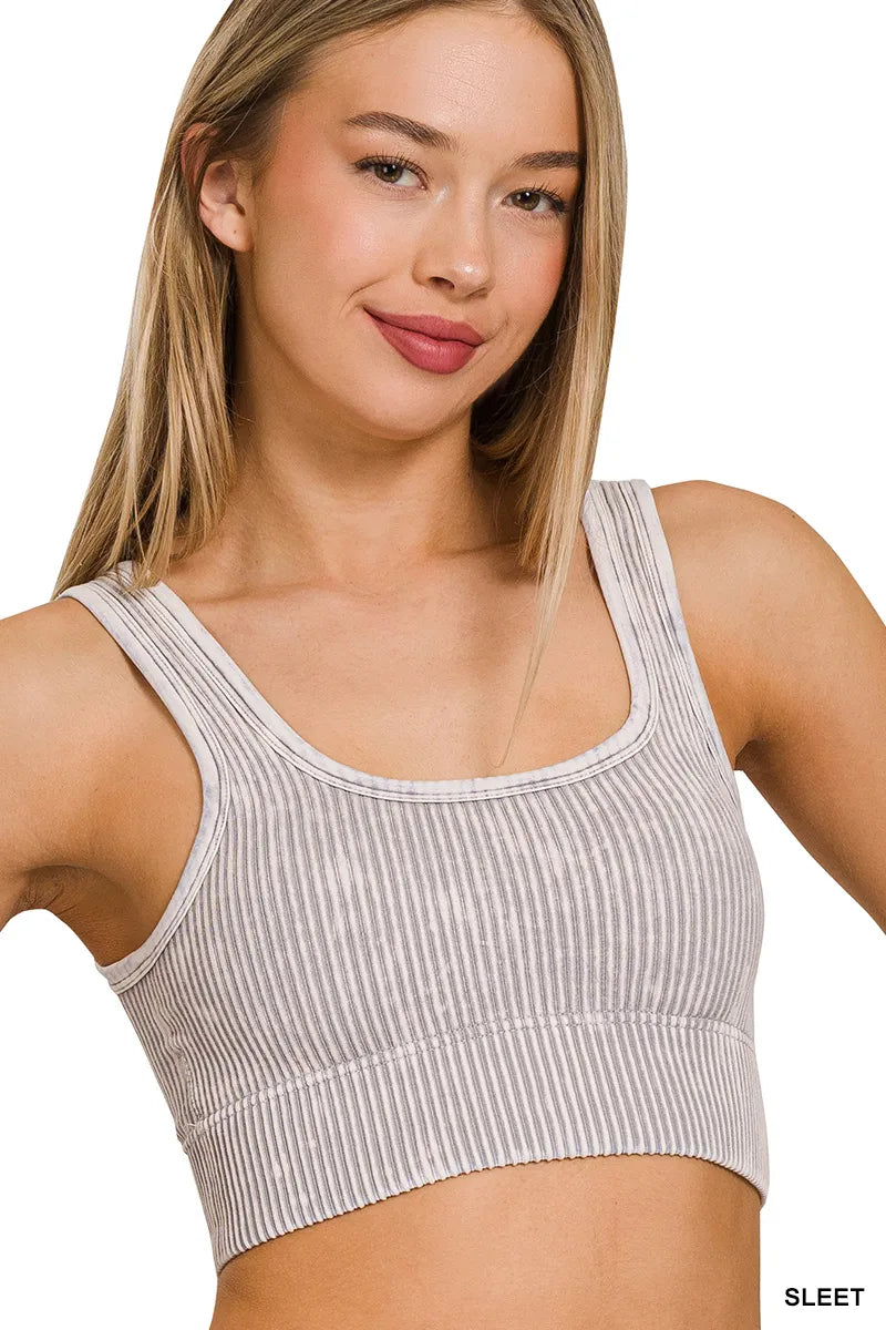 Zenana Mineral Washed Ribbed Bralette- S-XL