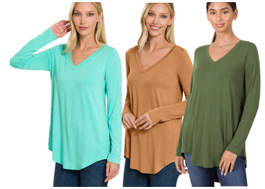 Zenana Luxe Perfect V-Neck LS Tee- S-XL