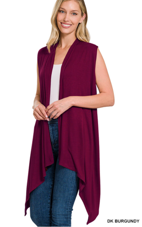 Zenana Draped Sleeveless Cardigan- S-XL